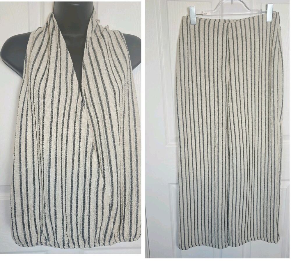 H&M Shirt Pants Set M Cream Striped Crinkle Halter Top Wide Leg Stretch 2 Piece